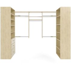 an open closet with shelves and drawers on the bottom shelf, in front of a white background