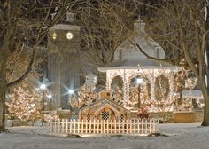 a small white house with christmas lights on it's roof and trees in the foreground