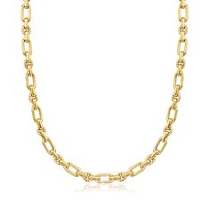 Ross-Simons - Italian 14kt Yellow Gold Alternating Oval, Circle Link Necklace. 18". From Italy, this stately 14kt yellow gold necklace alternates elongated oval and circle links for a luxe look that commands attention. Textured and polished finishes. Lobster clasp, 14kt yellow gold alternating-link necklace. Elegant 14k Gold Oval Chain Necklace, Elegant Oval 14k Gold Chain Necklace, Elegant 14k Stamped Chain Necklace For Formal Occasions, Classic Oval Gold Chain Jewelry, Yellow Gold Oval Figaro Chain Necklace, Yellow Gold Necklace With Paperclip Chain, Yellow Gold Oval Necklace With Paperclip Chain, Yellow Gold Oval Necklace With Figaro Chain, Oval Yellow Gold Necklace With Figaro Chain