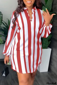 Olivia Mark - Chic Striped Print V-Neck Long Sleeve Plus Size Dress for Casual Wear Dresses Coats, Classy Short Dresses, Shirt Collar Styles, 2piece Outfits, Straight Clothes, Short Gowns, Vestido Plus Size, Straight Dress, African Design Dresses