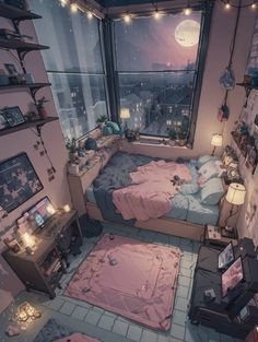 this is an image of a bedroom with a view out the window at night time