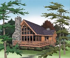 this is an artist's rendering of a cabin style home in the woods with stone and wood accents