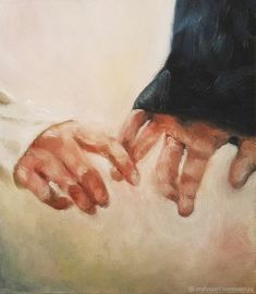 an oil painting of two hands touching each other