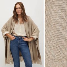 Nwt. Mango Wool Blend Beige/Tan Fringe Knit Poncho With Fringe, Wide Design, Short Sleeve, Side Slits. One Size. Fits Most. Ref. 77077630. Pit To Pit 41" Flat, Sleeves 22" From Neckline, Length 39" Without Fringes. Composition: 69% Acrylic, 14% Polyester, 8% Wool,7% Polyamide,2% Elastane. Offers Welcome! Knitted Cape, Knit Poncho, Knitted Poncho, Shrug Sweater, Sweaters & Cardigans, Wool Blend, Winter Fashion, Latest Trends, Cape