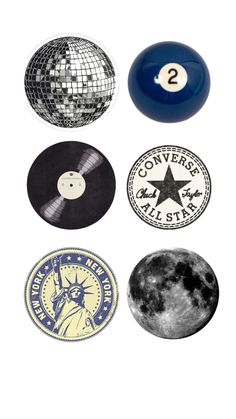 several different types of disco balls and stickers on a white background with the moon in the center