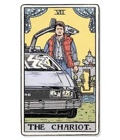 a tarot card with a man sitting on top of a car