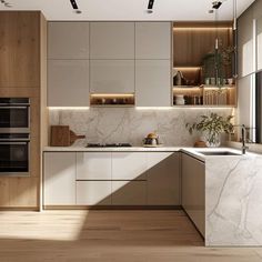 a modern kitchen with marble counter tops and wooden cabinets, along with an island in the middle