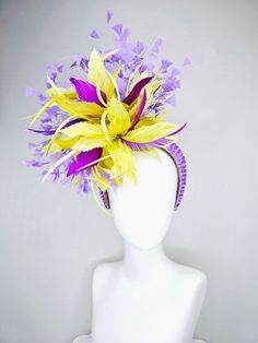 From the 2024 Featured Milliner of the Kentucky Derby Museum  Gorgeous Kentucky Derby hat fascinator  kentucky derby hat fascinator  lavender beaded headband yellow purple violet feathers   headband attachment.  each hat is totally one of a kind! no two are alike! I can probably add feathers, flowers etc to existing hats for a small fee. I cannot remove anything from existing hats. Just message me and see if we can make it work! :) I cannot make custom order from scratch. My schedule is unfortun Luxury Yellow Fascinator For Kentucky Derby, Purple Feather Headpieces For Spring, Purple Headpieces For Spring Races, Purple Feathered Headpieces For Kentucky Derby, Spring Purple Headband, Purple Mini Hats With Feathers For Kentucky Derby, Purple Headband Hats For Kentucky Derby, Purple Feathered Mini Hats For Kentucky Derby, Purple Feathered Mini Hat For Summer