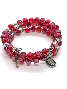 Wrap around Rosary Bracelet made with stainless steel memory wire and Silver plated spacers.  Beads are 6x8mm red glass  Rondelle mix. Cross is silver plated and medal silvertone made in Italy.  One size fits most... Red Rosary, Bracelet Rosary, Rosary Bracelet, Catholic Gifts, Memory Wire, Spiritual Gifts, Red Glass, Bracelet Gift, Rosary