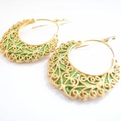 GresianChic FilligreeEarrings UniqueHandmadeJewelry | Etsy Nickel-free Gold Jewelry For Festive Occasions, Green Hoop Jewelry For Weddings, Green Hoop Jewelry For Wedding, Handmade Gold Hoop Earrings For Festive Occasions, Festive Gold Jewelry With Ear Wire, Nickel Free Gold Hoop Earrings For Festive Occasions, Green Brass Jewelry For Party, Festive Gold Hoop Earrings Nickel Free, Green Metal Hoop Earrings As A Gift