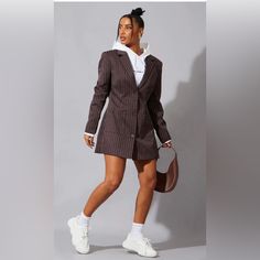 Brand New With Tags. Super Cute Styled With Hoodie And Sneakers Blazer Dress With Sneakers, Blazer Dress Street Style, Blazer Over Dress, Sneaker Gala, Shoulder Pad Blazer, Draped Bodycon Dress, Lace Up Bodycon Dress, Oversized Button Down Shirt, Valentine Dress