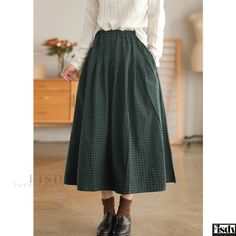 Fisdy - Polka Dot Print Midi Skirt with Checkered Pattern Polka Dot Midi Skirt Outfit, Polka Dot Midi Skirt, Green Checkered, Midi Skirt Outfit, Half Skirt, Printed Midi Skirt, Green Skirt, Checkered Pattern, Polka Dot Print