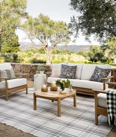 an outdoor living area with furniture and trees in the background, including couches and chairs