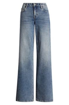 These low-stretch jeans feature a mid-rise waist and full-length wide legs that create a relaxed, casual-cool vibe. 33" inseam; 9 1/2" front rise Zip fly with button closure Five-pocket style 99% cotton, 1% spandex Machine wash, tumble dry Imported Jeans Mid Rise, Wide Legs, Mid Rise Jeans, Stretch Jeans, Wide Leg Jeans, Christmas List, Leg Jeans, Mid Rise, Full Length