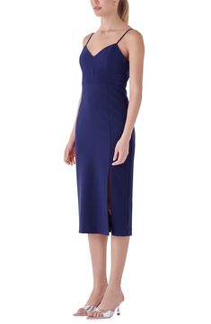 Feel your most confident in this pretty midi boasting seamed cups and a strappy back detail on a timeless sheath silhouette. Sweetheart neck Spaghetti straps Lined 92% polyester, 8% spandex Hand wash, dry flat Imported