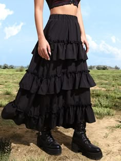 Black Casual Collar  Woven Fabric Plain Layered/Tiered Embellished Non-Stretch  Women Clothing Goth Skirt, Frill Skirt, Mode Hippie, Maxi Rok, Estilo Hippie, Rock Outfit, Black Maxi Skirt, Layered Skirt, Mode Inspo