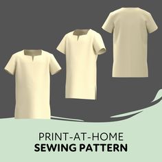 the front and back of a t - shirt sewing pattern with text that reads print at home sewing pattern