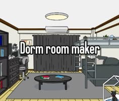 a room with bunk beds, couches and a table in it that says dorm room maker