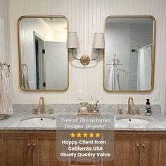 a bathroom with two sinks and mirrors on the wall