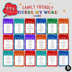 the family friendly guess my word game is shown in red, blue, and green