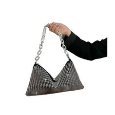 Diamonds are a girl's best friend.. Jaclyn is an exceptionally crafted designer women's shoulder bag perfect for evening events. It boasts a diamond-encrusted design with a luxurious gold link accent chain. Available in eternity silver and black silhouette, it is sure to make a stunning and impressive statement. Primary Material: Canvas Lining Material: Polyester Number of Handles/Straps: Single chain strap Interior: No pocket Size: 13.4"(L)x7.87"(W)1.2"(H) (34x20x3cm) Available in 2 exquisite c Evening Handheld Chain Bag, Chic Metal Bag For Party, Silver Chain Bag For Event, Chic Metal Party Bag, Party Evening Shoulder Bag With Chain, Glamorous Handheld Shoulder Bag With Chain Strap, Trendy Evening Metal Bags, Chic Metal Clutch Bag, Trendy Metal Evening Bag