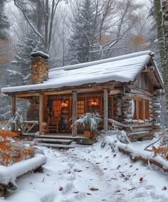 a log cabin in the woods with snow on the ground and trees covered in leaves