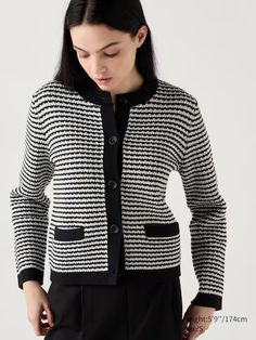 knitted short striped jacket | UNIQLO US Chic Button-up Outerwear With Buttoned Pockets, Chic Tailored Long Sleeve Cardigan, Structured Outerwear With Buttons For Business Casual, Chic Fitted Cardigan With Button Cuffs, Tailored Elegant Winter Cardigan, Elegant Tailored Cardigan For Winter, Elegant Tailored Winter Cardigan, Elegant Winter Cardigan, Tailored Chic Cardigan For Fall