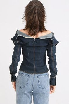 The Off Shoulders Denim Top is sure to make a statement. With its vintage, off shoulder design featuring straps, a zipper at the front and back, a front cut, a pocket, and long sleeves, this top is as stylish as it is comfortable.Fabric: Cotton, Polyester Fitted Distressed Blue Denim Top, Fitted Dark Wash Recycled Denim Top, Fitted Denim Top With Zipper Closure, Blue Distressed Button-up Denim Top, Distressed Washed Blue Button-up Denim Top, Swimwear Cover Ups, Swimwear Cover, Denim Top, Swimwear Tops