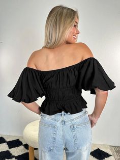 Material:95% Polyester. Features:Short sleeve. ruffle. ruched. square neck. solid color. crop top.Style:Casual. Black Ruched Off-shoulder Top, Trendy Solid Ruched Blouse, Trendy Ruched Solid Color Blouse, Casual Solid Color Ruched Blouse, Casual Square Neck Ruched Blouse, Casual Ruched Square Neck Blouse, Casual Puff Sleeve Top With Square Neck, Cropped Ruffle Hem Top For Day Out, Casual Off-shoulder Top With Ruffles