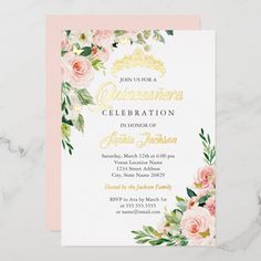 an elegant pink and gold birthday party with flowers on the front, along with a floral crown