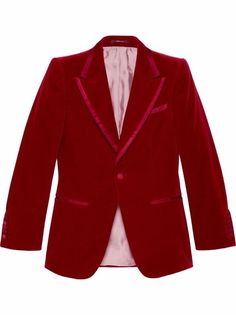 Gucci's Aria collection is a celebration of the house's centenary year and evokes its heritage, craftsmanship and Greek-inspired aesthetic. With a refined velvet finish, this deep red blazer is cut for a tailored fit and fastens at the front with a button fastening whilst boasting statement peak lapels and strong structured shoulders.

Made in Italy

Composition

Outer: Satin 100%, Velvet 100%

Lining: Silk 100%

Product IDs

FARFETCH ID: 17443107

Brand style ID: 671978Z4716 Gucci Coat, Tuxedo For Men, Tuxedo Jacket, Tailored Design, Red Blazer, Velvet Blazer, Fabric Covered Button, Velvet Jacket, Black Blazers