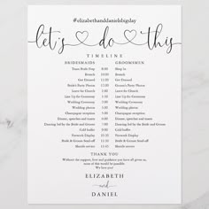 a white wedding program card with the words let's do this