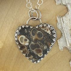 Turritella Agate Heart Pendant Necklace - Stone Treasures by the Lake Petoskey Stone Jewelry, Heart Chain, Stone Pendant Necklace, Cabochons Stones, Heart Shape Pendant, Sterling Silver Heart, Heart Pendant Necklace, Silver Heart, Wyoming