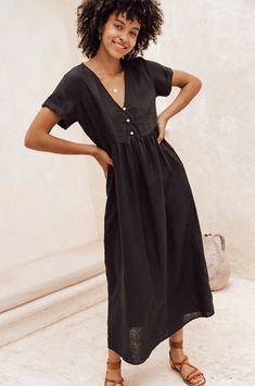 Midi-length Black Babydoll Dress - ROVE Black Linen Dress With Buttons, Relaxed Fit Linen A-line Dress, Black A-line Linen Summer Dress, Tailoring Ideas, Chic Black Linen V-neck Dress, Relaxed Fit V-neck Linen Dress, Round Dress, Black Babydoll, Linen Outfit