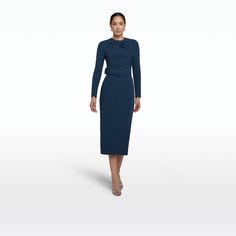 Elegant Long Sleeve Pleated Dress For Cocktail Occasions, Elegant Long Sleeve Pleated Cocktail Dress, Navy Knee-length Formal Midi Dress, Navy Knee-length Midi Dress For Formal Occasions, Blue Midi Length Pleated Dress For Evening, Blue Fitted Pleated Cocktail Dress, Elegant Blue Midi Pleated Dress, Elegant Blue Midi Length Pleated Dress, Elegant Blue Midi Dress For Cocktail