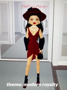 an animated image of a woman in a red dress and hat with black gloves on