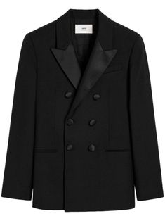 black wool peak lapels contrasting lapels chest welt pocket two side welt pockets double-breasted button fastening long sleeves buttoned cuffs English rear vents Wool Tuxedo Blazer With Double-breasted Button, Wool Tuxedo Blazer With Double-breasted Fastening, Wool Tuxedo With Double-breasted Button Fastening, Office Tuxedo With Double Button Closure And Long Sleeves, Double-breasted Tuxedo Blazer With Pressed Crease, Double-breasted Tuxedo Blazer With Lapel Collar, Double-breasted Wool Tuxedo For Work, Wool Tuxedo Blazer With Double Button Closure, Tuxedo Blazer With Double-breasted Button Fastening