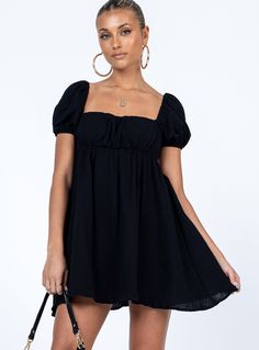 Mini dress 100% cotton Length of size US 4 / AU 8 shoulder to hem: 75cm / 29.5" Alexis is wearing a size US 2 / AU 6 Muslin look material Elasticated shoulders Short puff sleeves Padded cups Tie back fastening Low back Good stretch Lined bust All Black Dresses, Brunch Dress, Let's Dance, Casual Rompers, Mini Dress Black, Romper Outfit, Puff Sleeve Dresses, Playsuit Romper, Puffed Sleeves Dress