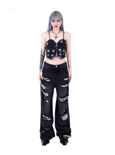 Edgy wide-leg jeans in black denim with extensive distressing and sheer mesh panel inserts. Features a high waist and relaxed fit through the legs. Raw, frayed hems add to the grunge aesthetic. Perfect for alternative fashion looks or making a bold statement at rock concerts and nightclubs. Material Info100% cotton Model info Height: 160cm Weight: 45kg Wearing size: M Grunge Wide Leg Jeans For Alternative Fashion, Black Ripped Punk Jeans, Black Ripped Edgy Pants, Punk Style Ripped Black Jeans, Edgy Black Ripped Pants, Edgy Distressed Flare Jeans For Streetwear, Punk Style Distressed Wide Leg Bottoms, Punk Wide Leg Distressed Pants, Punk Wide-leg Jeans For Alternative Fashion