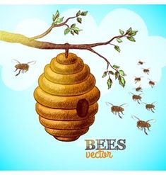 a beehive hanging from a tree branch with bees flying around