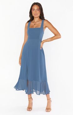 Claire Midi Dress ~ Slate Blue Chiffon Fitted Chiffon Midi Dress With Square Neck, Dress Down Midi Dress With Smocked Back, Flowy Smocked Bodice Midi Dress For Party, Flowy Party Midi Dress With Smocked Back, Flowy Midi Dress With Smocked Back For Party, Flowy Midi Dress With Ruched Bodice, Chiffon Square Neck Dress For Date Night, Blue Midi Dress With Square Neck And Fitted Bodice, Fitted Bodice Smocked Back Midi Dress