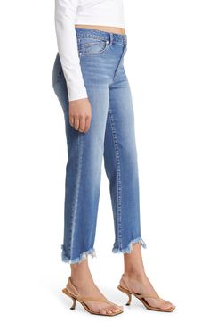 Keep it casual and cool in these faded high-waist jeans styled with light distressing and fringed, flared hems. 26" inseam; 18" leg opening; 10" front rise; 16" back rise Zip fly with button closure Five-pocket style 46% lyocell, 26% cotton, 15% rayon, 12% polyester, 1% spandex Machine wash, tumble dry Imported Women's Clothing Denim Flare Jeans With Frayed Hem For Fall, Mid-rise Denim Blue Flare Jeans With Frayed Hem, Medium Wash Cutoff Flare Jeans With Five Pockets, High-rise Denim Blue Flare Jeans With Frayed Hem, High Rise Denim Blue Flare Jeans With Frayed Hem, Cropped Cutoff Jeans With Frayed Hem, Cropped Denim Jeans With Frayed Hem, Mid-rise Flare Jeans With Frayed Hem In Medium Wash, Chic Medium Wash Flare Jeans With Frayed Hem