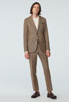 Custom Suits Made For You - Beckenham Nailhead Flannel Light Brown Suit | INDOCHINO Light Brown Suit, Wedding Guest Outfit Men, Custom Blazer, Gray Suits, Copper Dress, Suits Black, Blue Suits, Brown Suit, Flannel Suit