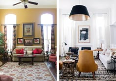 two different rooms with couches, chairs and pictures on the walls