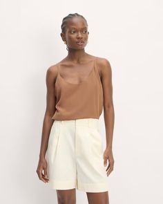 The Slip Cami Carob Brown – Everlane Casual Scoop Neck Tank Top With Delicate Straps, Chic Viscose Sleeveless Tank Top, Chic Summer Tank Top With Delicate Straps, Chic Sleeveless Viscose Tank Top, Chic Summer Camisole With Delicate Straps, Spring Rayon Camisole Tank Top, Daywear Tank Top With Adjustable Straps, Chic Unlined Top For Daywear, Casual Camisole With Delicate Straps And Scoop Neck