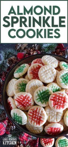 a plate full of christmas cookies with the words almond sprinkle cookies