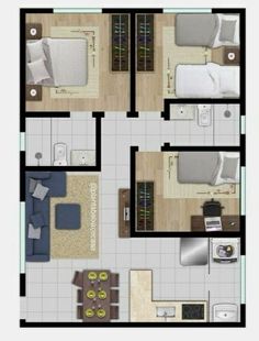 House designs Small Apartment Plans, 3 Bedroom Floor Plan, Three Bedroom House Plan, Three Bedroom House, Small Apartment Design, House Arch Design, Model House Plan, House Layout Plans