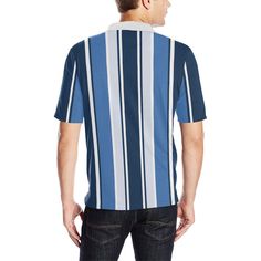 Blue Vertical Striped Men Polo Shirt, 90s Vintage Stripe Short Sleeve Polo, Gift for Men - 12.35 Oz. Personalized and stylish. - 100% polyester, comfortable and breathable. - Short-sleeve polo shirt with point collar, leisure and classic design for men. - Design features side slits and three-button closure. - Sizes: S, M, L, XL, XXL. Please calculate your size from the measurement chart below. - Machine wash: cold(max 40℃ or 104℉); Non-chlorine; Iron with cover; Do not tumble dry; In the shade. Fitted Blue Button-up Polo Shirt, Blue Johnny Collar Polo Shirt For Summer, Retro Blue Collared Top, Blue Retro Collared Tops, Blue Collared Retro Tops, Casual Blue Collared Polo Shirt, Blue Retro Collared Camp Shirt, Blue Collared Retro Camp Shirt, Blue Retro Short Sleeve Polo Shirt