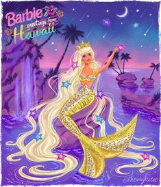 barbie the mermaid with long blonde hair and stars on her head, standing in water