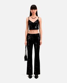 Black velvet cropped top with sequins | The Kooples - US Sequin Spaghetti Strap Crop Top For Night Out, Evening Crop Top With Sequins And Spaghetti Straps, Contrast Sequin Cropped Top For Evening, Cropped Crop Top With Contrast Sequin For Evening, Evening Sequin Crop Top, Evening Sequined Crop Top, Glamorous Sequined Evening Crop Top, Fitted Velvet Cropped Top, Glamorous Evening Crop Top With Contrast Sequin